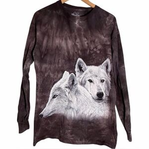 The Mountain 2015 Two White Wolves Gray Tie Dye Long Sleeve Shirt Large Nature